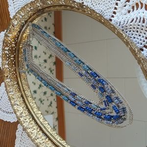 Graduated Layer 17 Inch Necklace With Blue Beads on Silver Tone Chains
